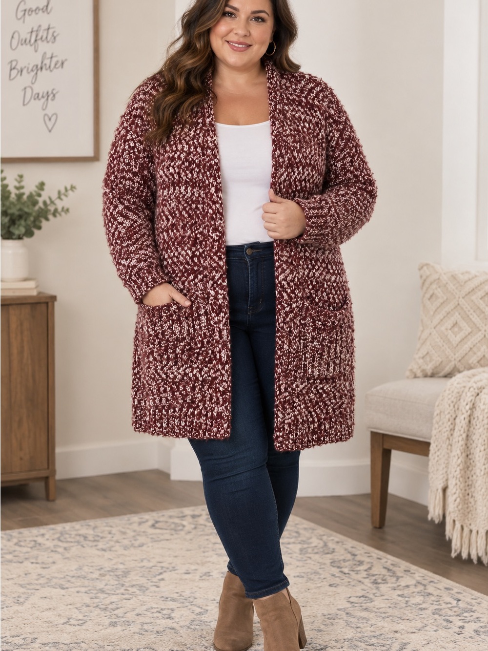 Burgundy Marled Knit Longline Cardigan 3X 33” Cottagecore Boho Pockets
